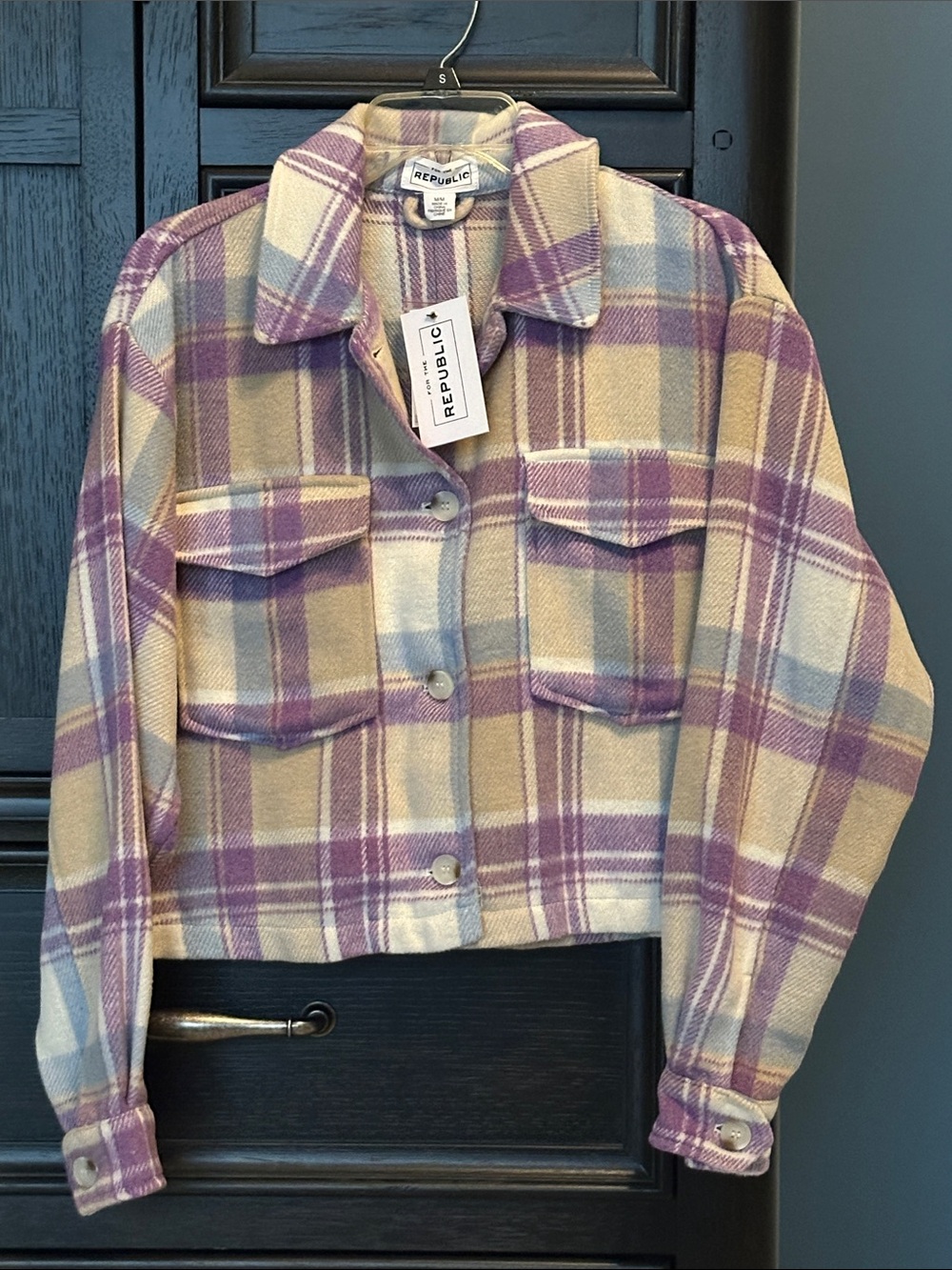 Republic Plaid Cropped Jacket in Purple & Tan Size Medium NWT